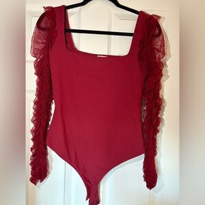 Free People Red Bodysuit with Ruffled Sleeves